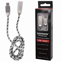 Кабель USB 2.0-Type-C, 1 м, Sonnen Premium, медь, передача данных и быстрая зарядка - фото 13774