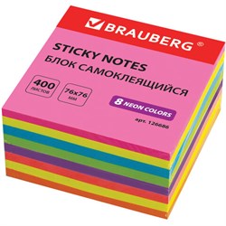 Блок самоклеящийся (стикер), Brauberg, неоновый, 76х76 мм, 400 листов, 8 цветов - фото 13790
