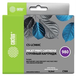 Струйный картридж Cactus CS-LC980C (LC980C) голубой для принтеров Brother DCP-145c, 163c, 165c, 167c, 195c, 197c, 365cn, 375cw, 377cw, MFC-250c, 255cw, 257cw, 290c, 295cn, 297c (16 мл) - фото 14831