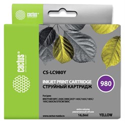 Струйный картридж Cactus CS-LC980Y (LC980Y) желтый для принтеров Brother DCP-145c, 163c, 165c, 167c, 195c, 197c, 365cn, 375cw, 377cw, MFC-250c, 255cw, 257cw, 290c, 295cn, 297c (16 мл) - фото 14833