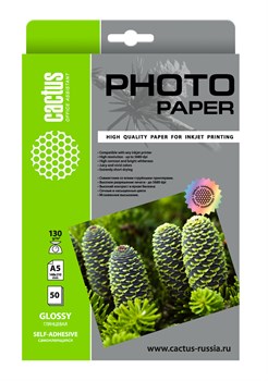 Фотобумага Cactus CS-GSA513050 A5, 130г/м2, 50л, глянцевая самоклеящаяся для струйной печати - фото 15648
