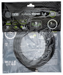 Кабель аудио-видео Cactus CS-HDMI.1.4-5 HDMI (m)/HDMI (m) 5м. позолоченные контакты, черный - фото 18815
