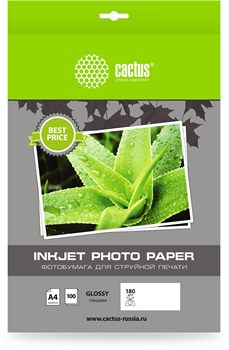Фотобумага Cactus CS-GA4180100ED A4, 180г/м2, 100л, белая глянцевая для струйной печати - фото 20804