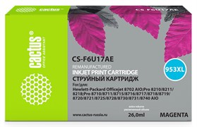 Струйный картридж Cactus CS-F6U17AE (HP 953XL) пурпурный увеличенной емкости для HP OfficeJet 7720 Pro, 7730 Pro, 7740 Pro, 8210 Pro, 8218 Pro, 8710 Pro, 8715 Pro, 8716 Pro, 8720 Pro, 8725 Pro, 8728 Pro, 8730 Pro, 8740 Pro (26 мл)