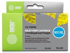 Струйный картридж Cactus CS-CN048 (HP 951XL) желтый увеличенной емкости для HP OfficeJet 251dw Pro, 276dw Pro, 8100 Pro, 8100e, 8600 Pro (N911a), 8600 Pro Plus (N911g), 8610 Pro (A7F64A), 8615 Pro, 8616 Pro, 8620 Pro (A7F65A) (26 мл)