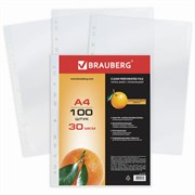 Папки-файлы перфорированные, А4, BRAUBERG, комплект 100 шт., матовые, 30 мкм