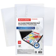 Папки-файлы перфорированные А4 BRAUBERG &quot;STANDARD&quot;, комплект 100 шт., гладкие, 40 мкм